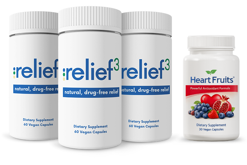 Three bottles of Relief3 with Heart Fruits